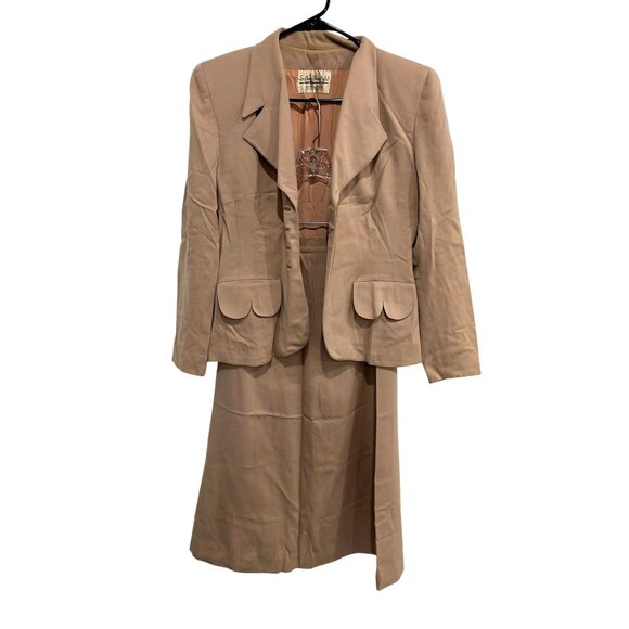 Vintage Selby Bonfields Birmingham Suit Set Tan Blazer Skirt Virgin Wool - Picture 1 of 13